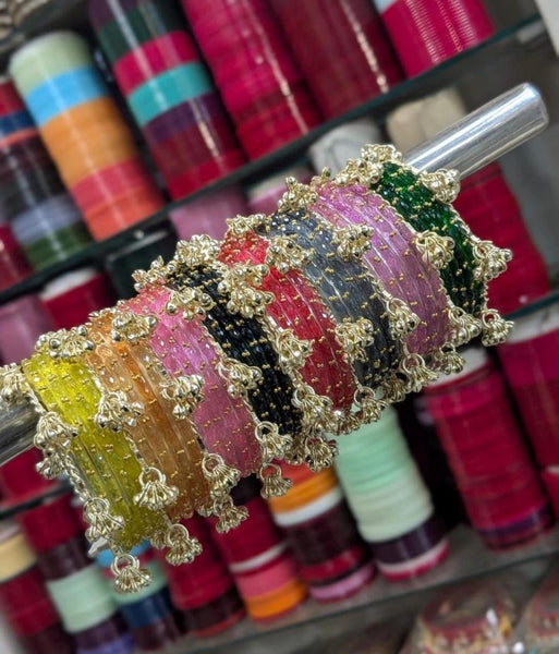 Elegant Multicolor Kashmiri Churi Set with Golden Ghungroo – Bridal & Party Bangles